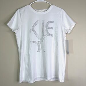 Calvin Klein Women's Top Sz M Soft White Silver Crystal Logo Crewneck TShirt NWT
